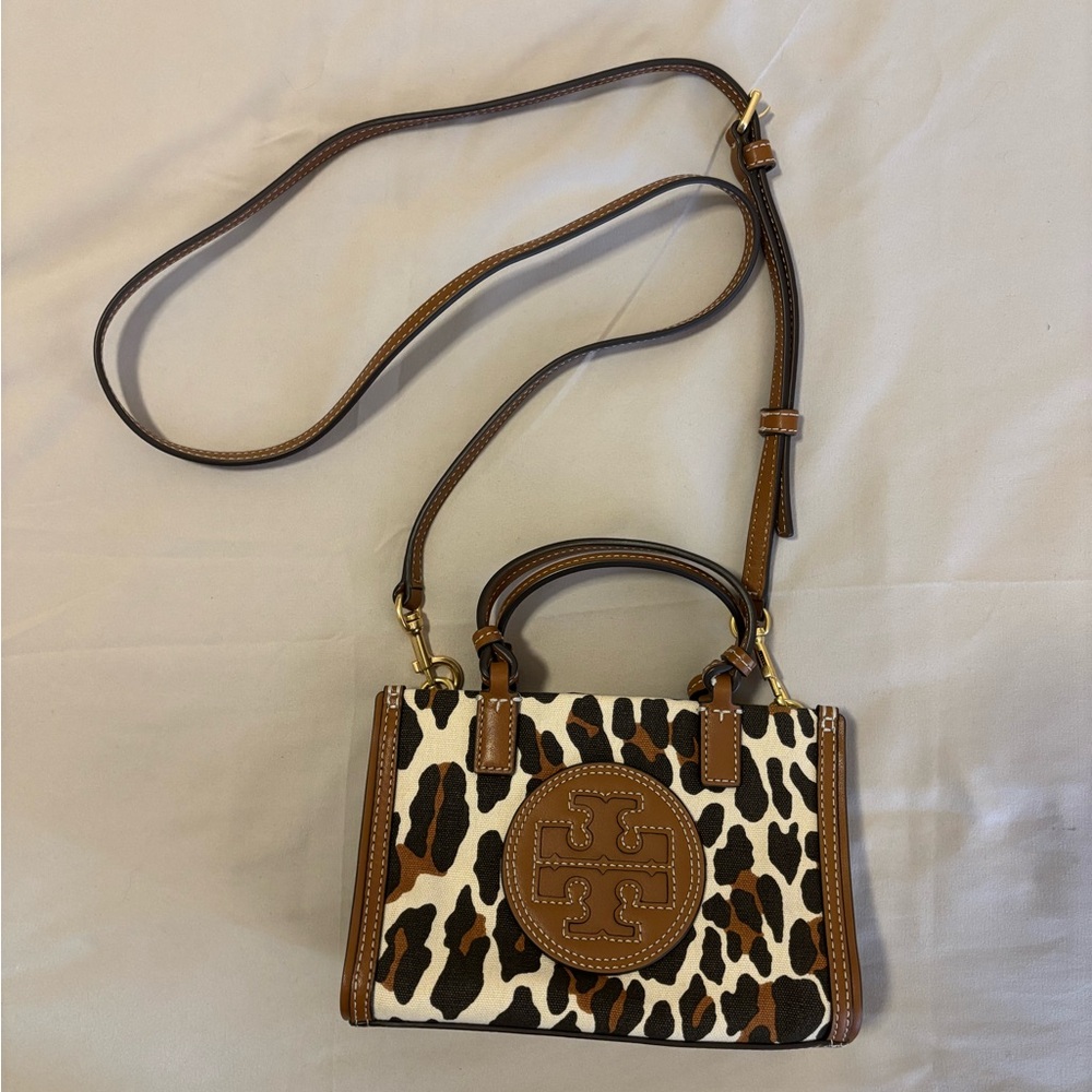 Tory Burch Mini Ella Leopard Print Crossbody Bag with Brown Accents